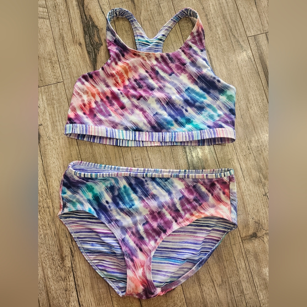 Athleta Girl High Tide Reversible Bikini XXL/16 Tie Dye And Striped - Picture 4 of 7